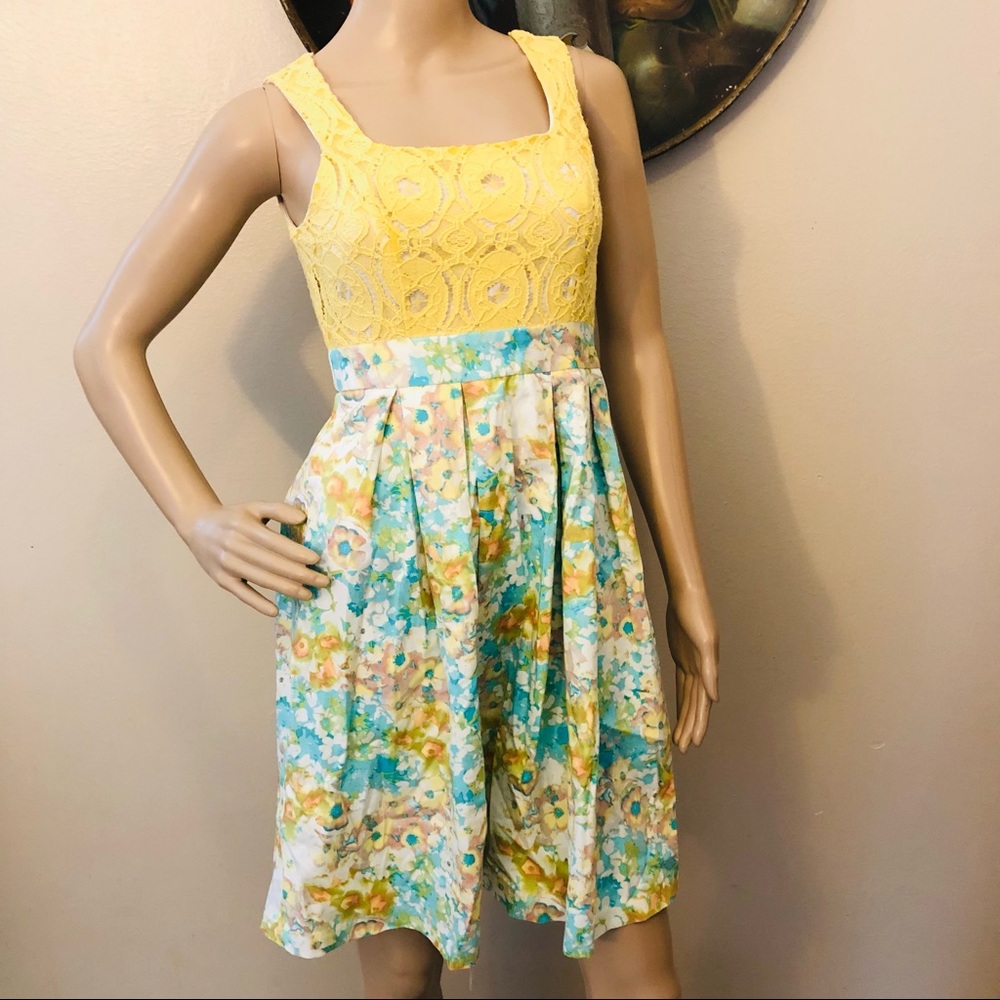 Stooshy Yellow Lace & Floral Pleated Fit-and-Flare Dress - Size 0